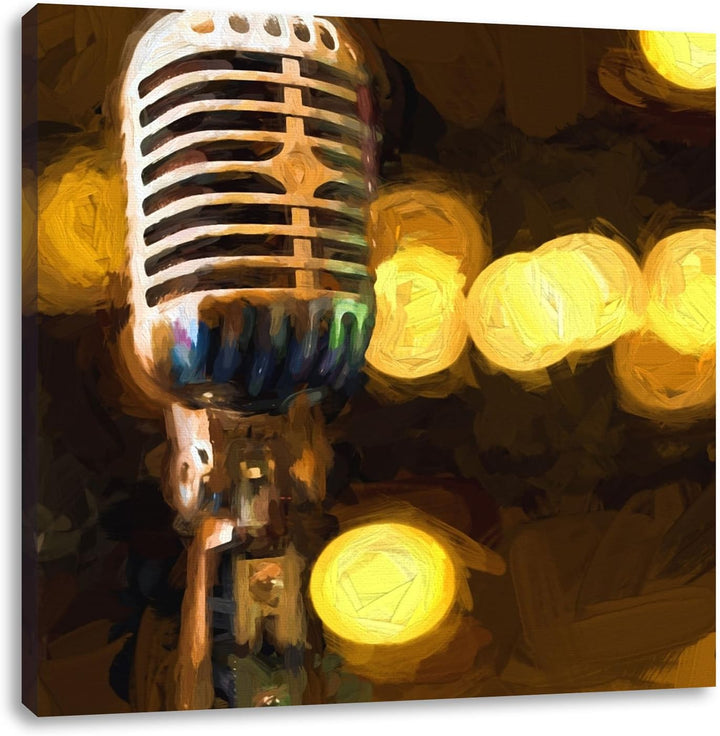 Pixxprint Mikrofon Rockabilly Retro Leinwandbild Kunstdruck Keilrahmen Motive Poster, Format: 70x70