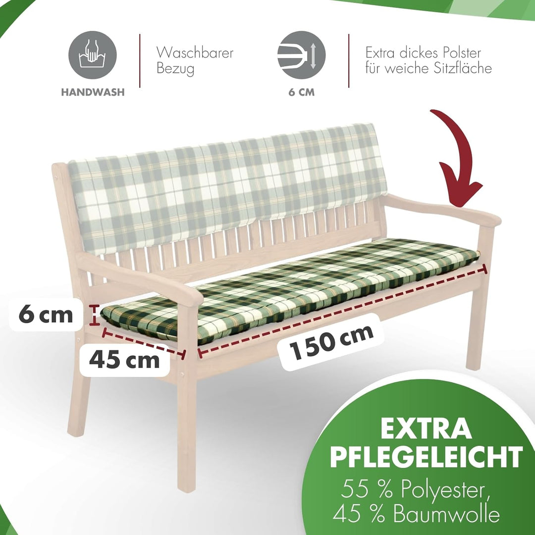 Doppler / 3er Bankauflage Sitzkissen/Bankauflage Bankkissen für die Gartenbank/Grün kariert / 150 cm