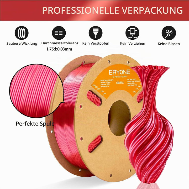 ERYONE Seiden PLA Filament 1.75mm, PLA Seiden Filament für 3D Drucker, 1.75mm +/- 0,03 mm, 1kg /Spul