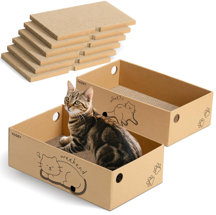 Ycozy Kratzbrett Katze mit 2 Box und 6 Kratzbrettern, Gross Doppelseitige Kratzpappe für Katzen Hoch
