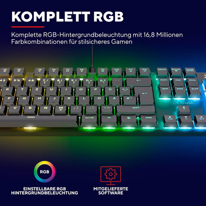 Trust Gaming GXT 866 Torix Mechanische Tastatur Deutsches QWERTZ Layout, Huano-Switches, Flache Tast