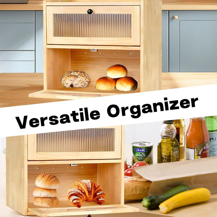 Bambus Brotkasten 2 Etagen,Grosser Brotbox,und Sichtfenster, Eco Aufbewahrungsbox Küche Brotaufbewah