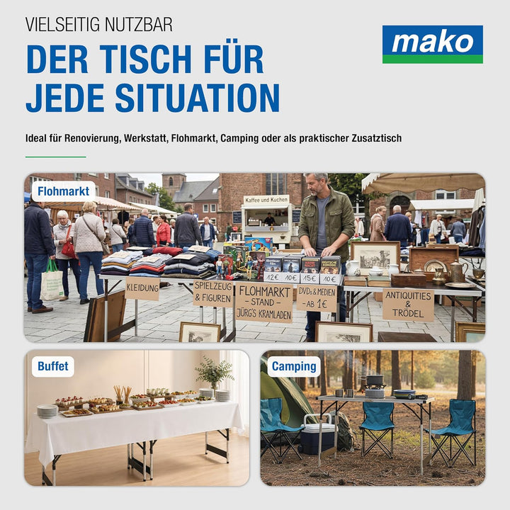 mako Tapeziertisch Profi, 3er-Set – Höhenverstellbarer Multifunktionstisch mit Alu-Rahmen, robuster