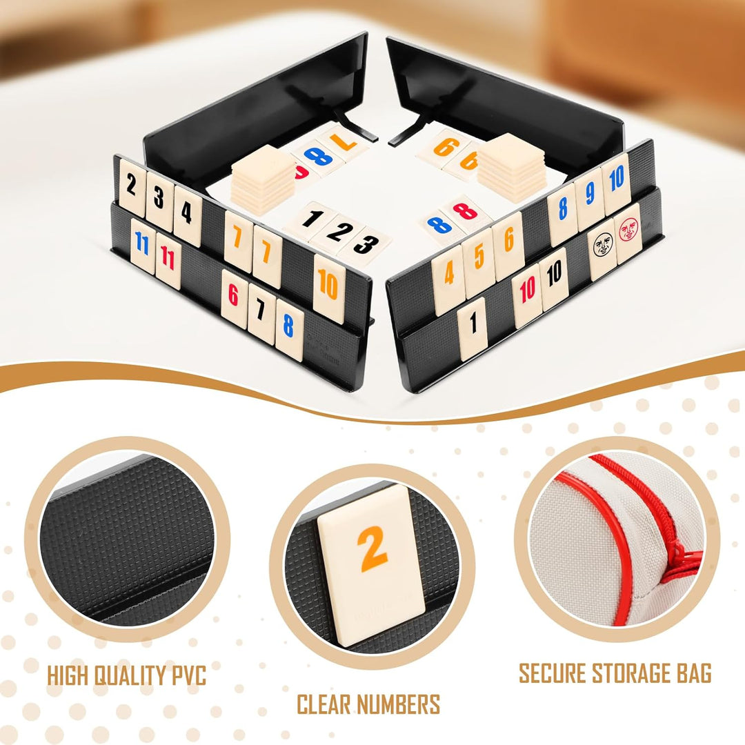 Rummy Spiel, Rummy Reisespiel Set mit 1 Aufbewahrungstasche 4 Stände 108 Spielsteinen, Klassische Tr