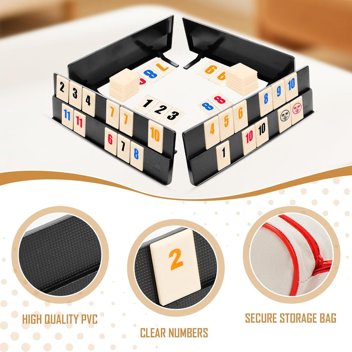Rummy Spiel, Rummy Reisespiel Set mit 1 Aufbewahrungstasche 4 Stände 108 Spielsteinen, Klassische Tr