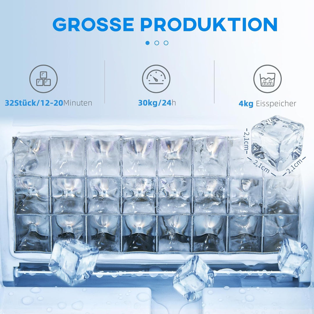 HOMCOM Kommerzielle Eiswürfelmaschine 30kg/24H Eismaschine mit digitaler Steuerung, Eisportionierer,