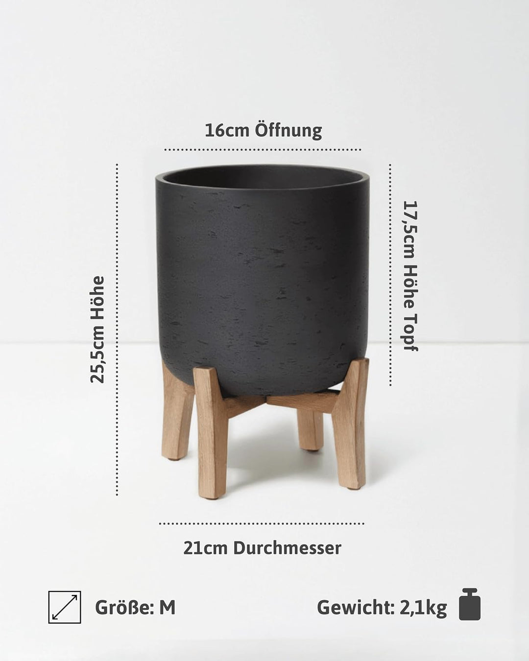 Finestgreen Charlie Feet Low | Handgefertigtes Pflanzgefäss auf Holzfüssen (M Ø:21 H:25,5 cm, Schwar