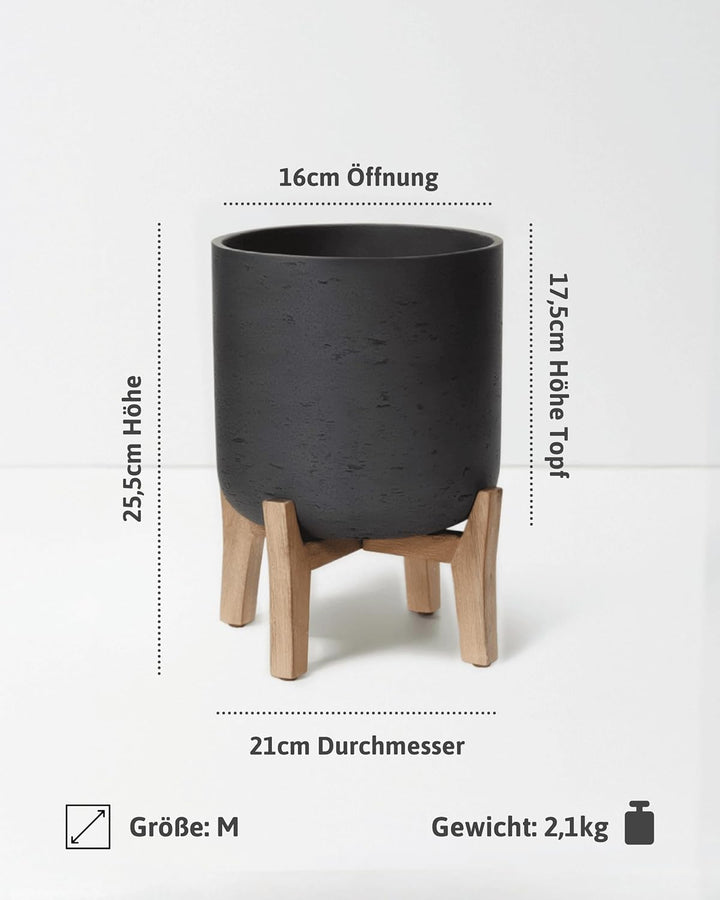 Finestgreen Charlie Feet Low | Handgefertigtes Pflanzgefäss auf Holzfüssen (M Ø:21 H:25,5 cm, Schwar