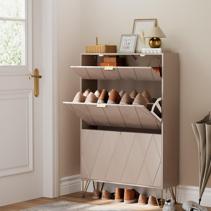 UEV Schuhschrank mit 2 Klappen, 80 x 24 x 120 cm für 16 Paar Schuhe Schuhkommode schmal, Schuhregal