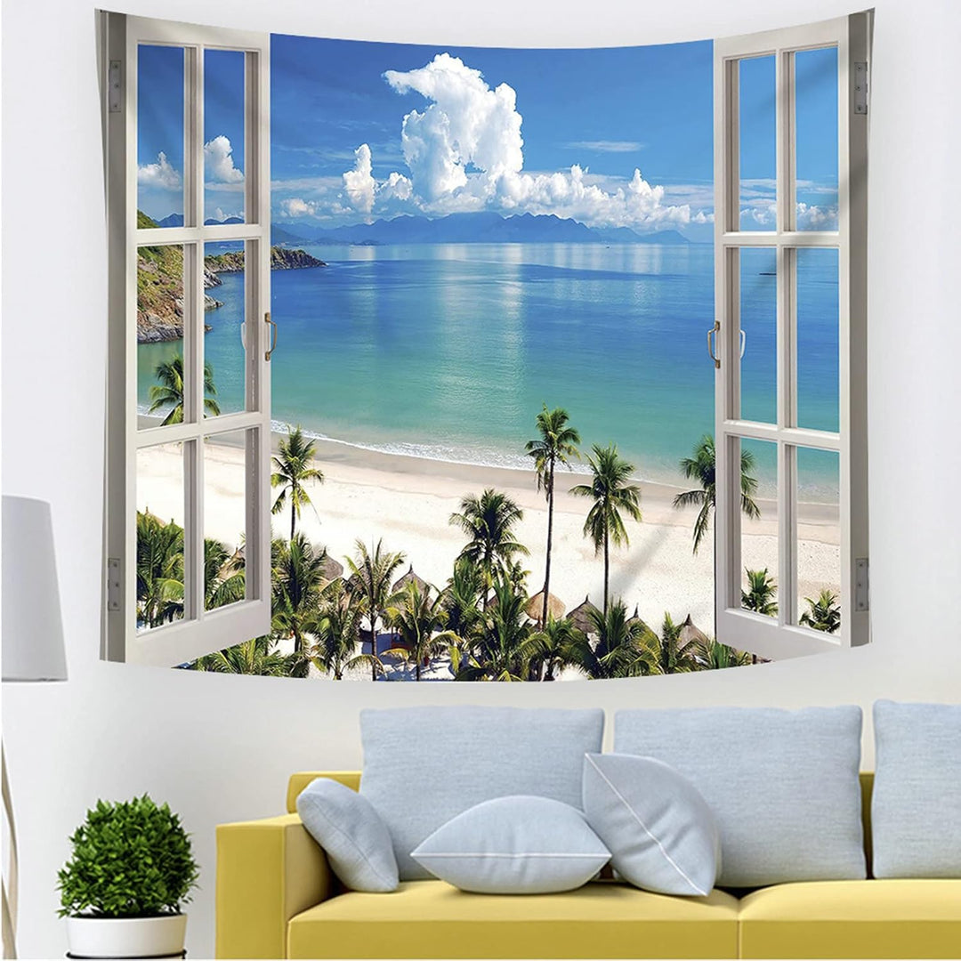Gualiy Wandteppich 260 x 240 cm, Meer Strand Palme Fenster Landschaft Wandbehang Wandtuch Ozean Tapi