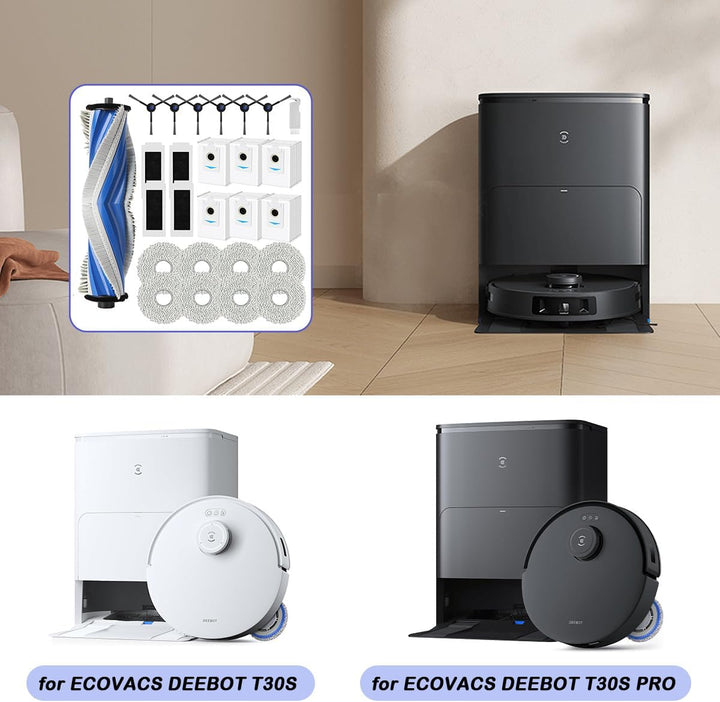 Zubehör für ECOVACS DEEBOT T30S PRO/ T30S, Ersatzteile Set mit 1 Hauptbürste, 6 Staubbeutel, 8 Wisch