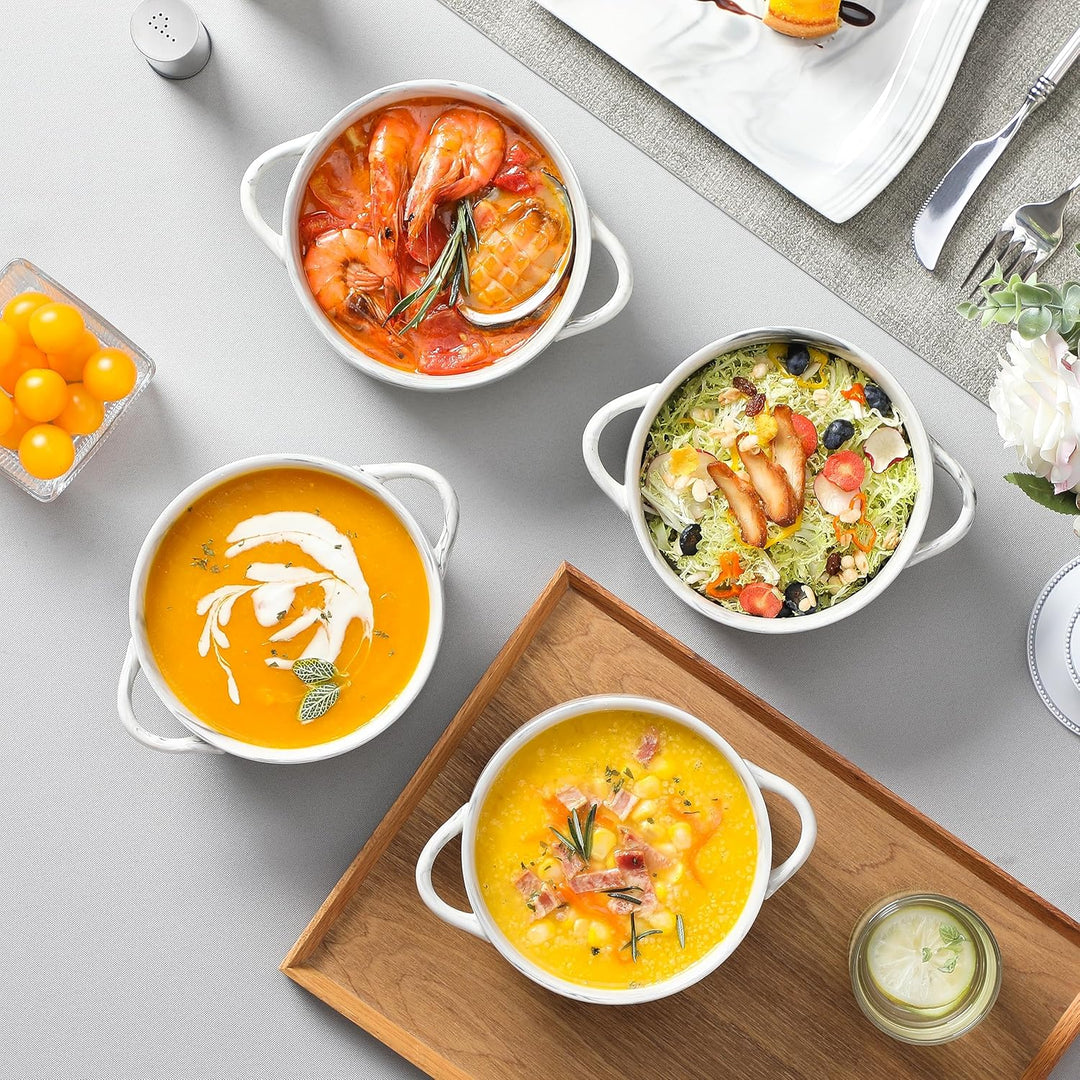 MALACASA Suppenschalen mit Griffen, 800 ML Porzellan Suppenschalen Set von 4, Elfenbein weiss servie