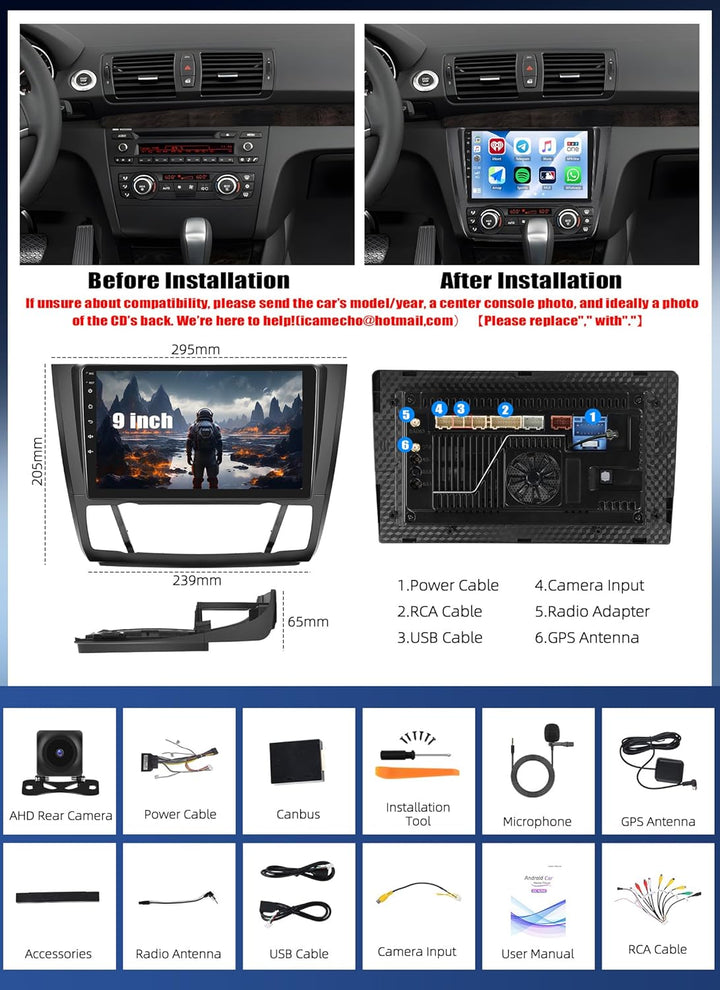 CAMECHO Android 15 Qualcomm Octa Core 4G+64G Autoradio für BMW 1 Serie E81 E82 E87 E88 mit Carplay A