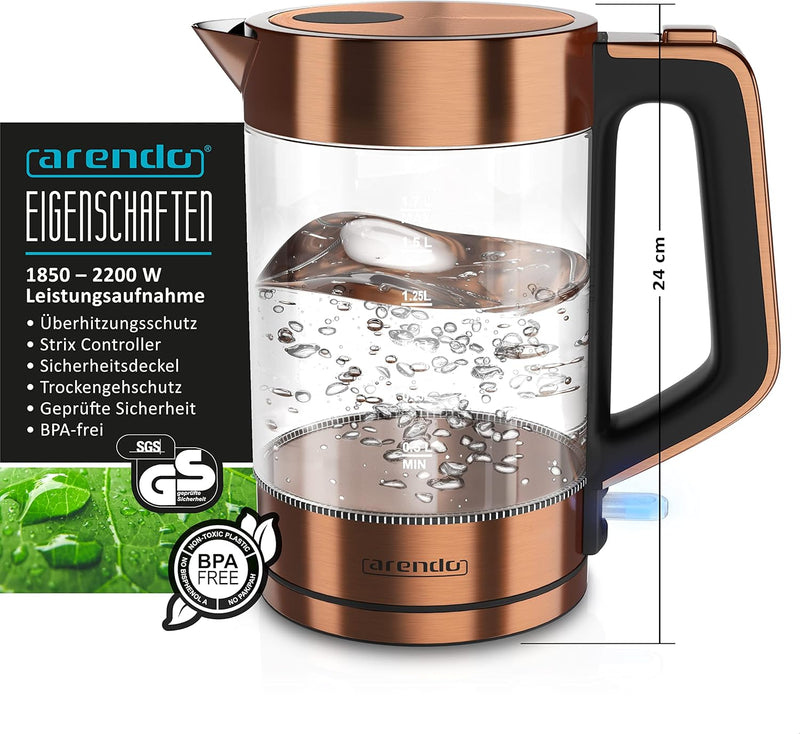 Arendo - Wasserkocher und Toaster im Set Edelstahl Kupfer, Wasserkocher 1,7L 2200W Warmhaltefunktion