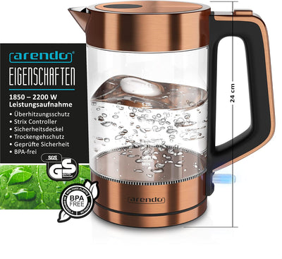 Arendo - Wasserkocher und Toaster im SET Edelstahl Kupfer, Wasserkocher 1,7L 2200W Warmhaltefunktion