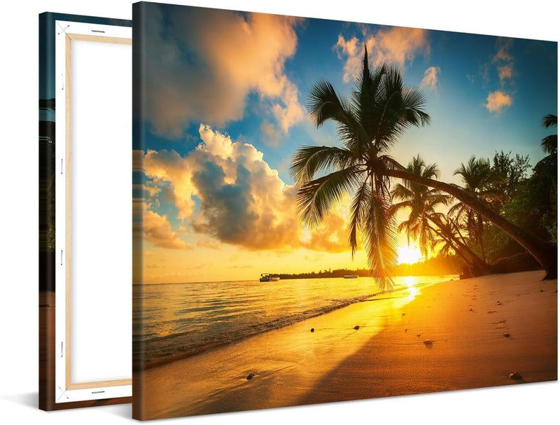 PICANOVA – Leinwandbild 100x75cm Strand Sonnenuntergang – Leinwanddruck – Wandbild Kunstdruck Auf 2c