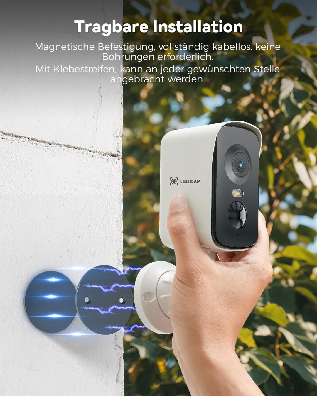COCOCAM Tragbare Magnetische 4G Überwachungskamera mit SIM Karte Aussen/Innen, 2K kabellose Kamera f