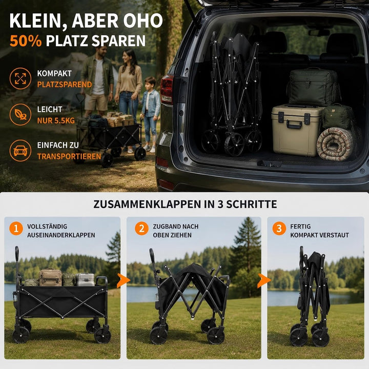 Zstar Bollerwagen Faltbar 220L mit 180 kg Tragkraft | 73 × 46,5 × 89,5 cm, 360° Räder, verstellbarer