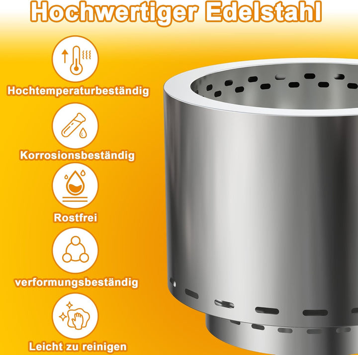 49cm Feuerschale Edelstahl Outdoor, Rauchfreie Feuerstelle für den Garten, Tragbarer Feuerkorb und F