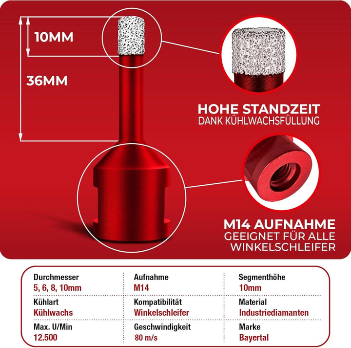 Fliesenbohrer Set 4tlg. 5, 6, 8 10 mm, M14 Premium – Diamantbohrer Set für harte Fliesen und Feinste
