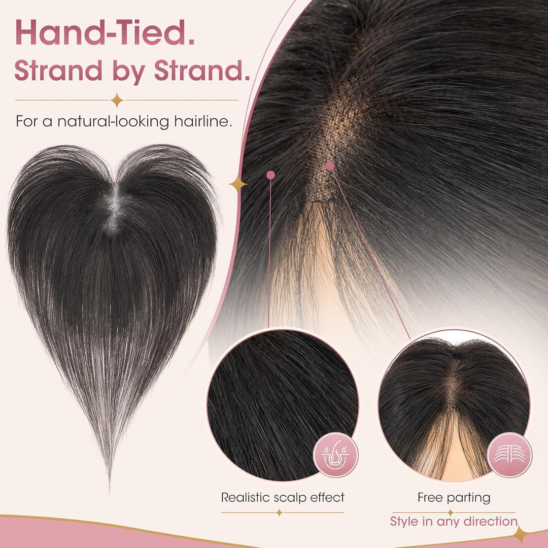 Silk-co Hair Topper Echthaar, 9x12cm handgebunden Basis Toupet Damen Naturschwarz ohne Pony 27cm 13g