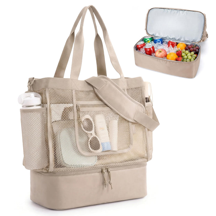 Strandtasche mit Kühlfach - Grosse Mesh Beach Bag wasserdicht mit Reissverschluss &amp; Fächern, Abnehmb