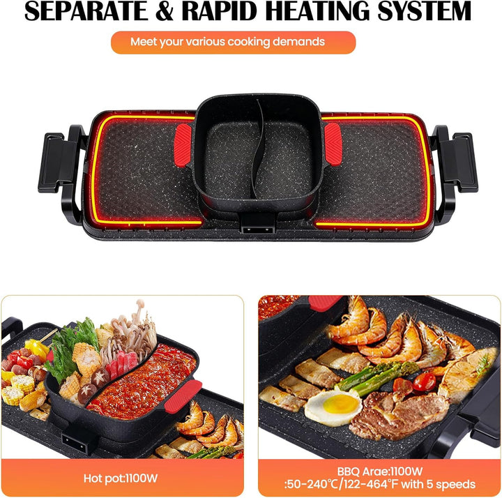 2 in 1 Elektrischer Hot Pot Grill, 1100W+2200W Multifunktionale BBQ Hot Pot, Korean Barbecue Hot Pot