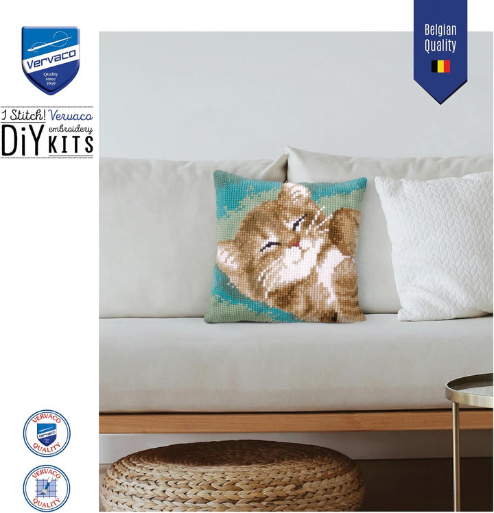 Vervaco Kreuzstichkissen Katze Kreuzstickpackung vorgedruckt, Aida, weiss, 40 x 40 x 0,3 cm