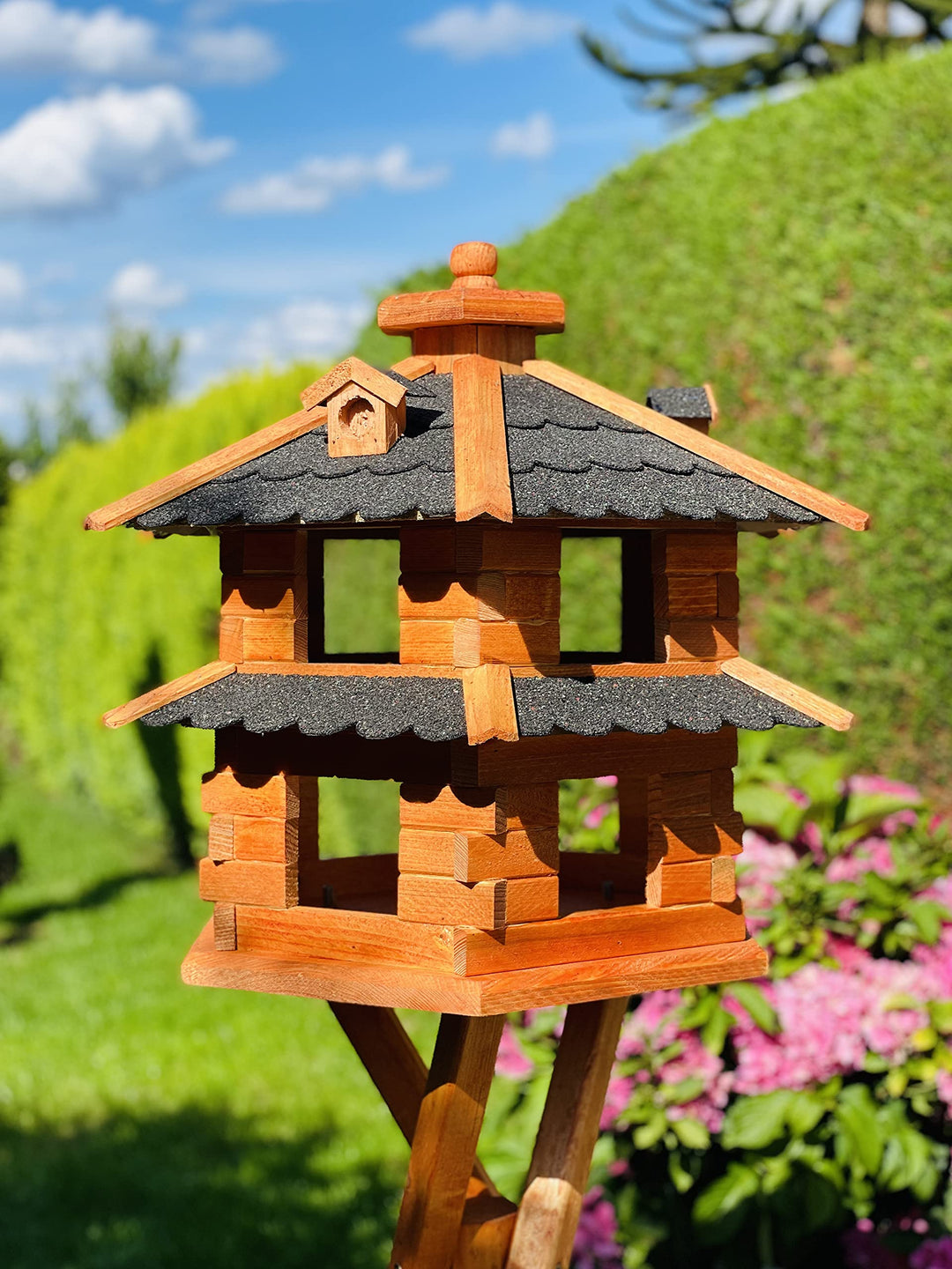 DARLUX Vogelvilla wetterfest von L bis XXL Futterhaus Vogelhaus mit oder ohne Ständer in Braun mit R