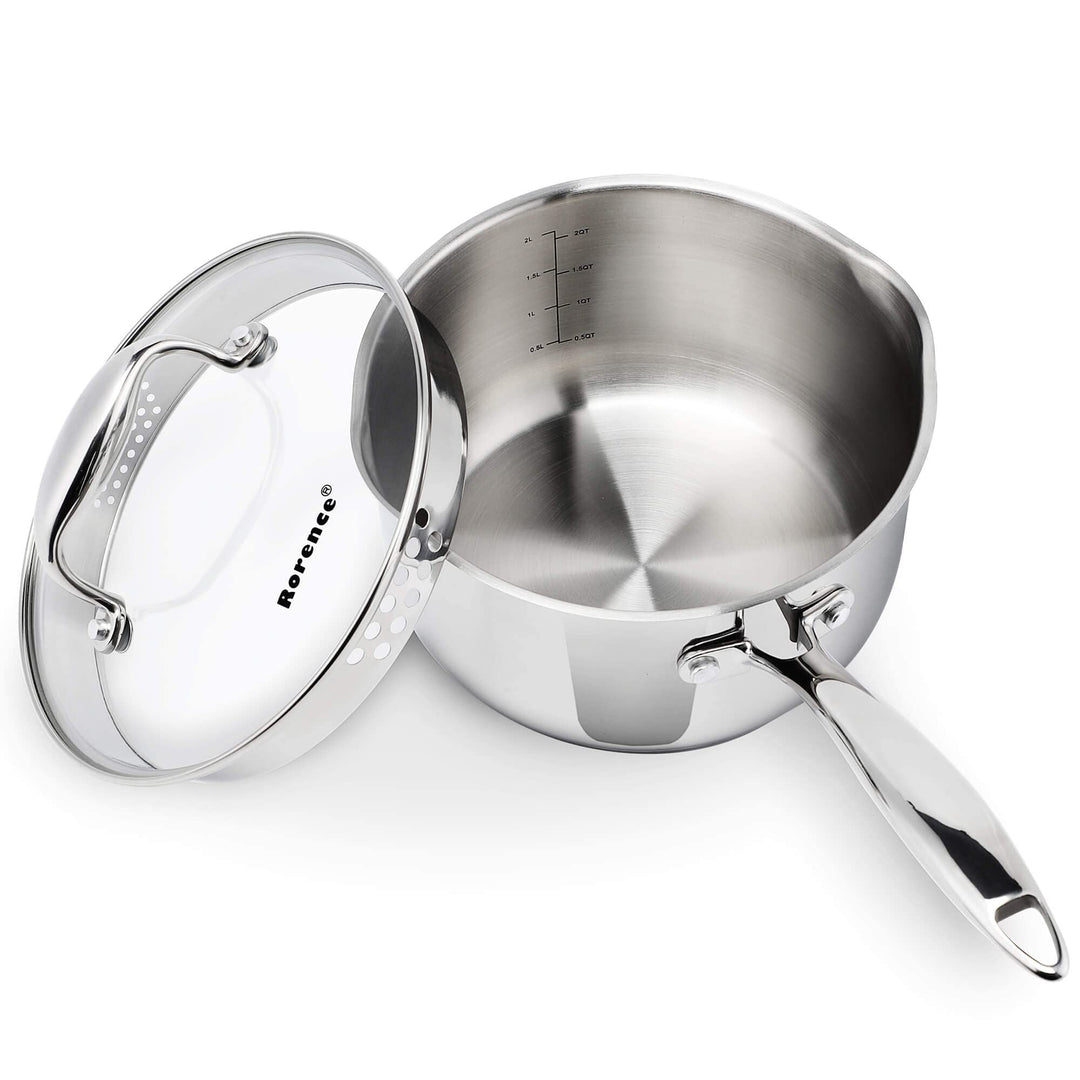Stielkasserolle 2,4L Edelstahl 18/8, Saucenpfanne Induktionsgeeignet, Kochtopf mit Glasdeckel & Abgi