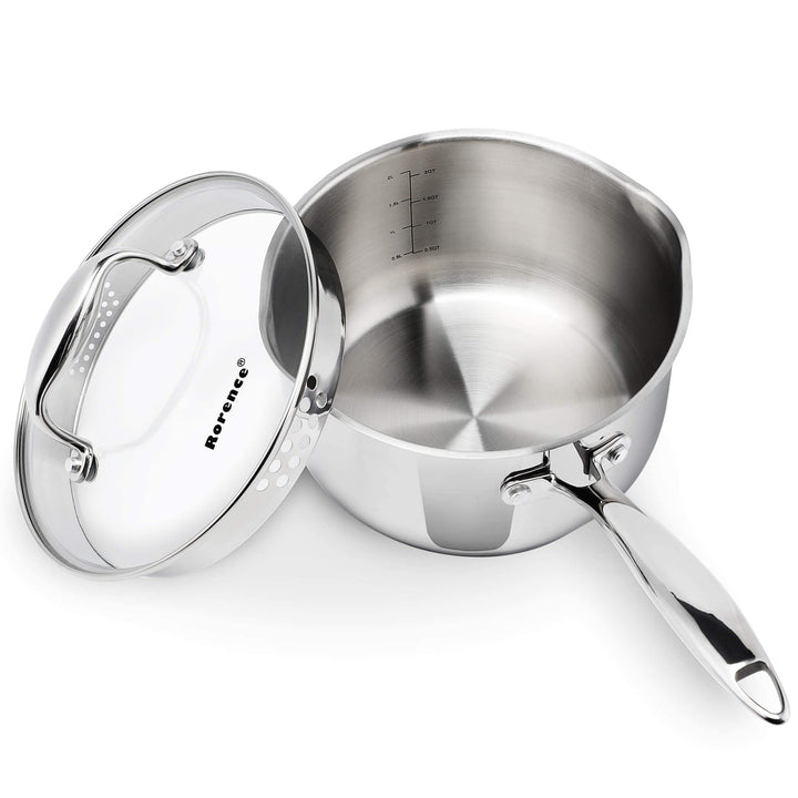 Stielkasserolle 2,4L Edelstahl 18/8, Saucenpfanne Induktionsgeeignet, Kochtopf mit Glasdeckel & Abgi