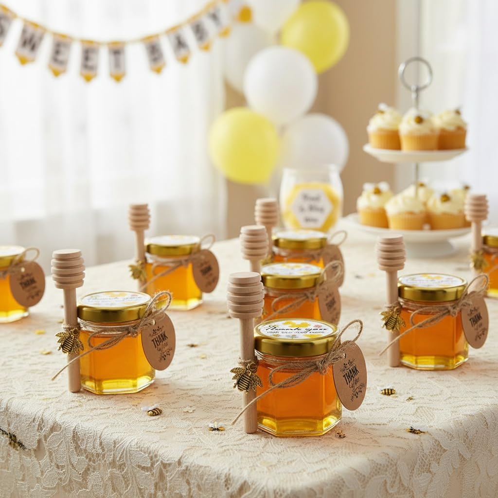 Ahhute 60-Pack Mini Honiggläser mit Dipper Honigtopf mit Golddeckel, Bienen Anhänger, Jutes, Geschen