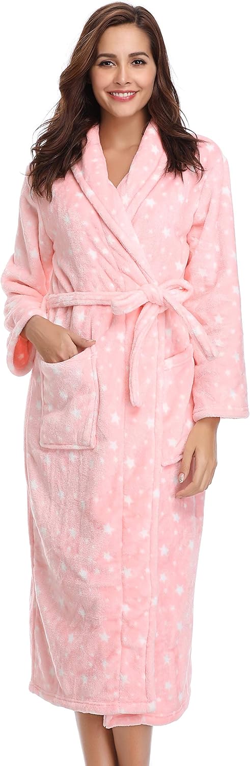 Vlazom Winter Bademantel weicher Flanell Bademantel Damen Saunamantel mit Kapuze Flauschiger Morgenm