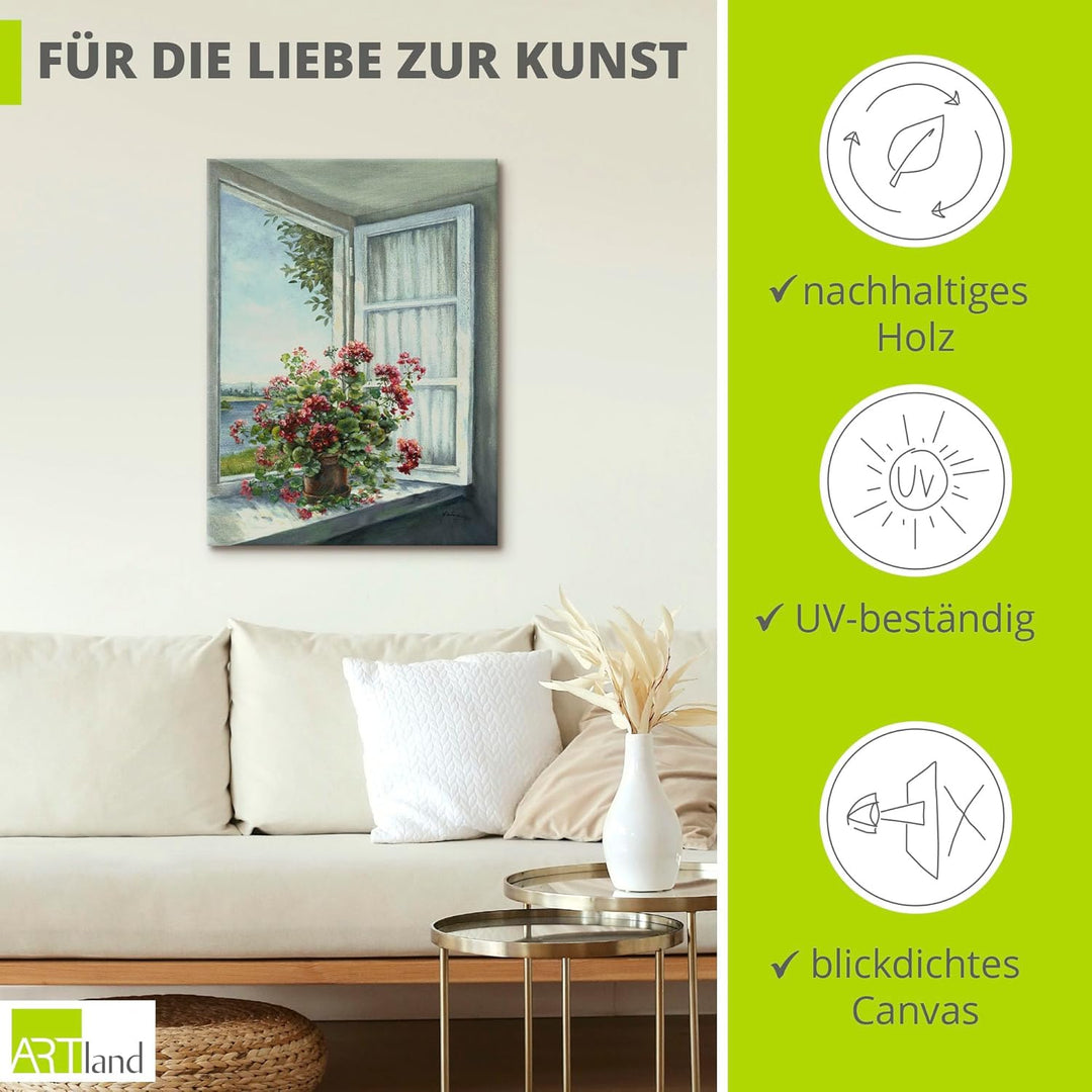 Artland Leinwandbild Wandbild Bild auf Leinwand 45x60 cm Wanddeko Fensterblick Fenster Blumen Botani