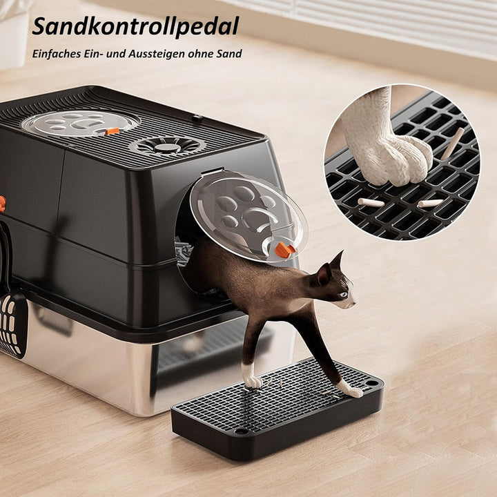 CALIYO Katzentoilette, Katzenklo Edelstahl mit Deckel, 3 in 1 Cat Litter Box, Katzenklo mit Schaufel