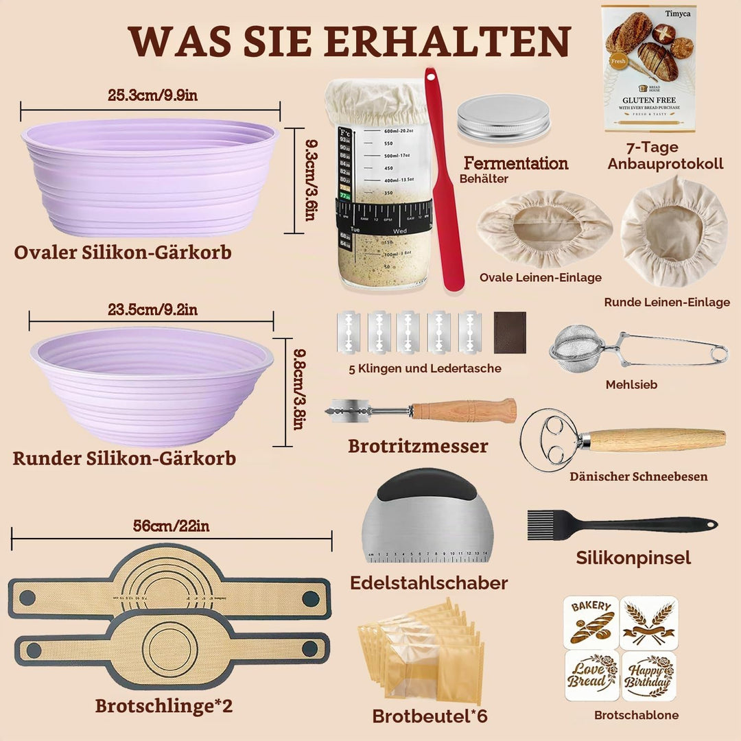 Sauerteig Starter Set, 650ml Gärglas, Klappbare Silikongärkörbe Rund Und Oval，30-Teilig Gärkorb Brot