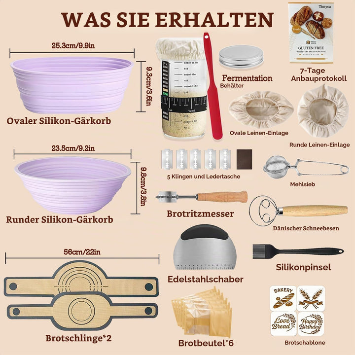 Sauerteig Starter Set, 650ml Gärglas, Klappbare Silikongärkörbe Rund Und Oval，30-Teilig Gärkorb Brot