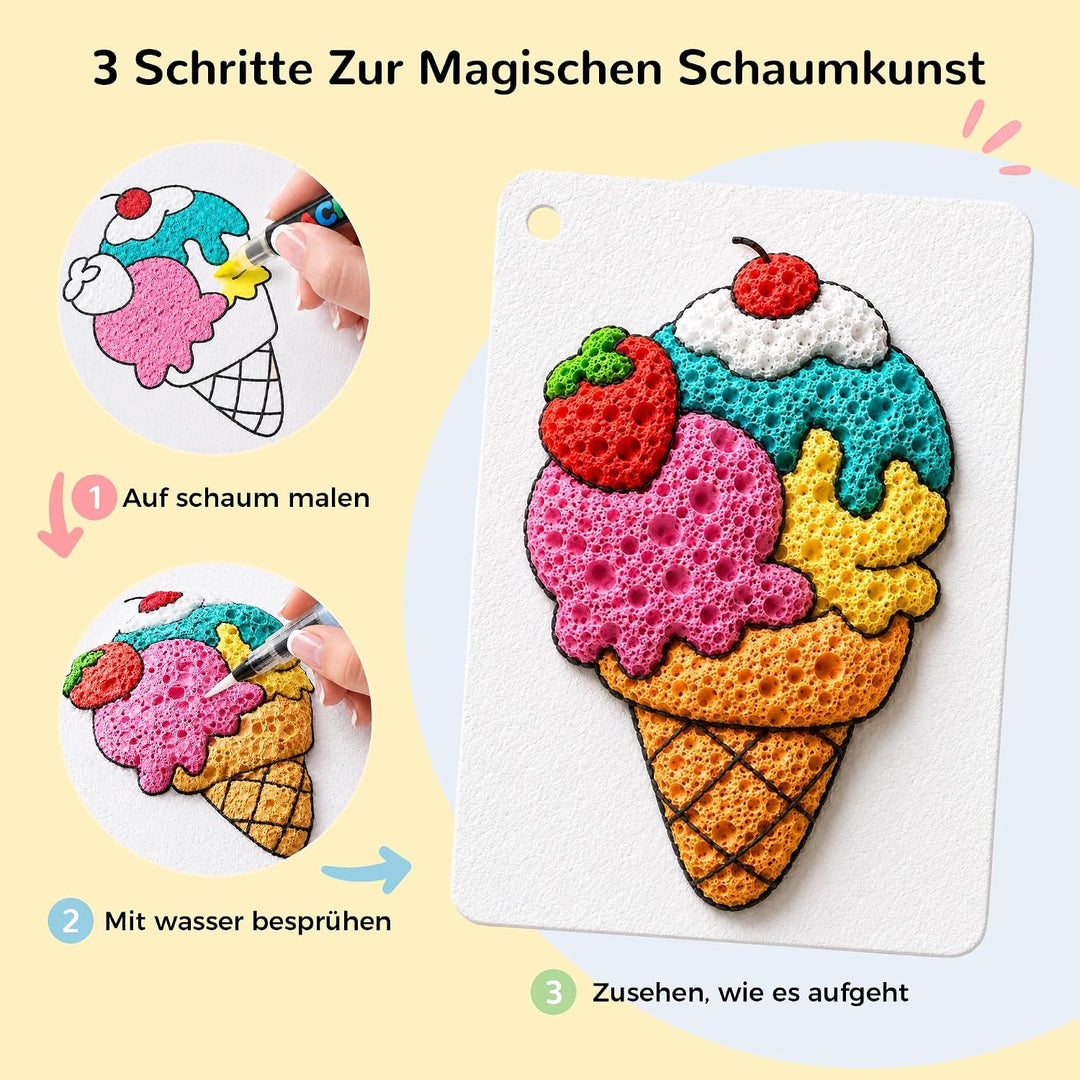95 Pcs Magic Puffy Paint Nachfüllset – 75 Blätter 3D Schaumtextur, 3 Wasserpinsel, 10 Schlüsselanhän
