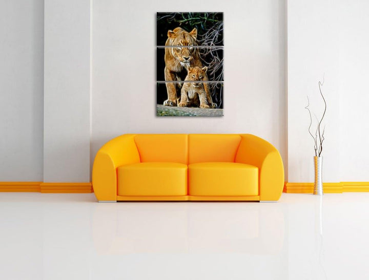 Dark Löwin mit Jungtier Spezial 3-Teiler Leinwandbild 120x80 Bild auf Leinwand, XXL riesige Bilder f