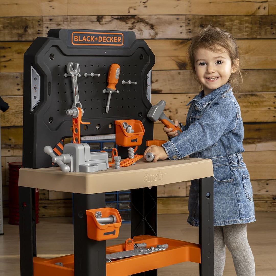 Smoby – Black+Decker Werkbank – 78 Zubehörteile inkl. 7 Werkzeuge wie Säge, Schraubstock, Schraubend