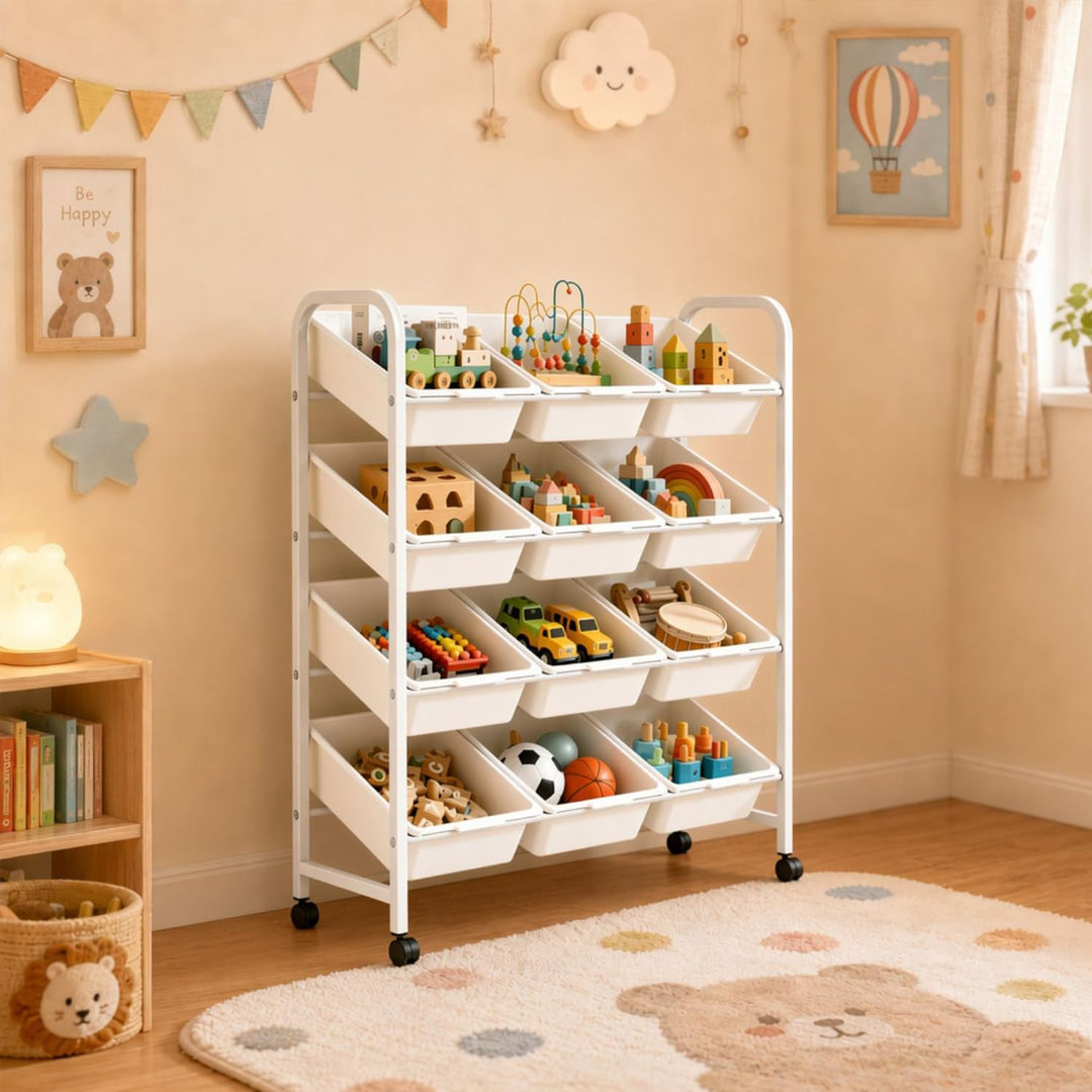 4 Etagen Spielzeugregal mit 12 Boxen,Kinder Organizer Weiss | Mobiler Organizer herausnehmbaren.Idea
