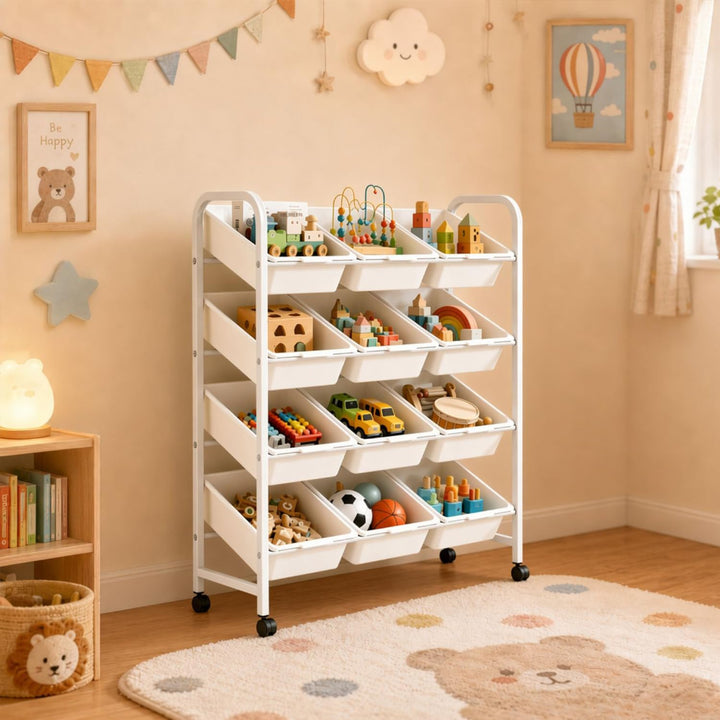 4 Etagen Spielzeugregal mit 12 Boxen,Kinder Organizer Weiss | Mobiler Organizer herausnehmbaren.Idea