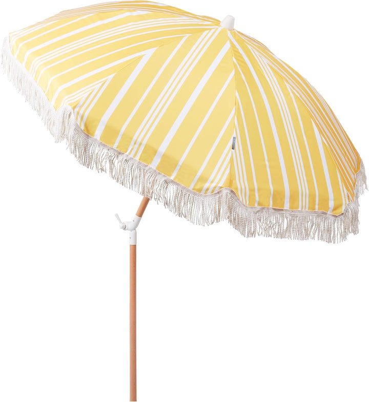 Sonnenschirm mit Volant Regenschutz Holzmast gelb rund ⌀ 150 cm Boho Mondello