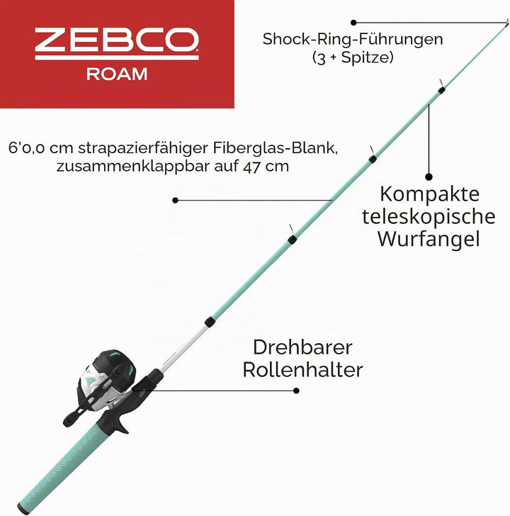Zebco Roam Teleskop-Angelrute und Spinn- oder Spincast-Angelrolle-Kombination, langlebige 1,8 m Fibe