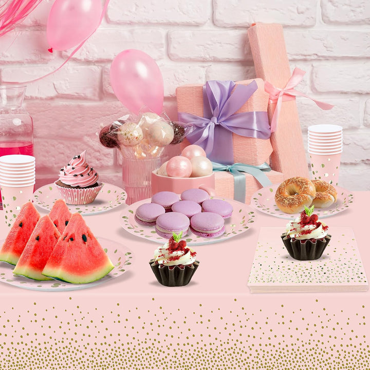 Partygeschirr 97 Stück Rosa Gold Pappteller, Servietten, Pappbecher, Tischdecke, Partyteller Set zum
