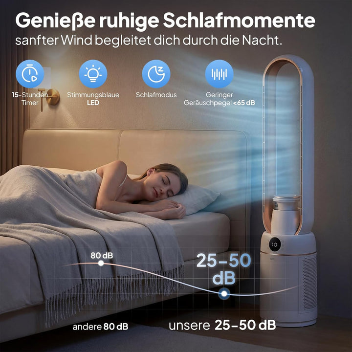 ROVSUN 4 in 1 Blattloser Turmventilator sehr Leise 25-50dB, Turmventilator 50 W mit 15H-Timer & Fern