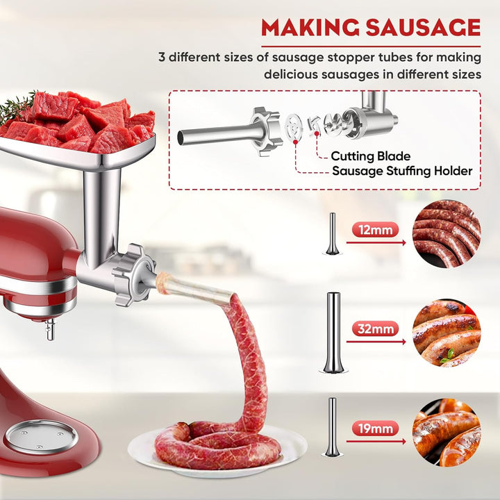 COFUN Fleischwolf Aufsatz für Kitchenaid Zubehör, Metall Fleischwolf Satz mit 4 Mahlscheibe 3 Wurstf
