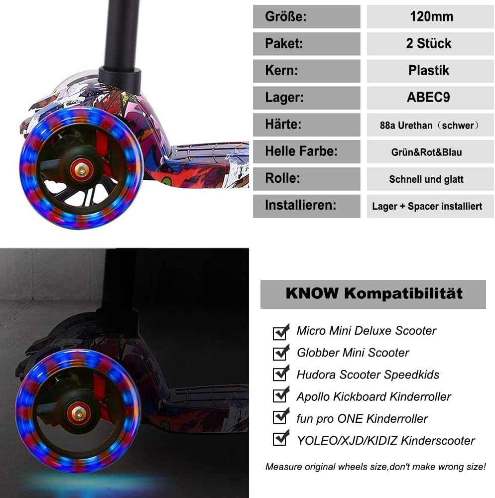 Roller Ersatzrad 120mm mit LED Blinker und ABEC-9 Kugellager, 2 Stück, Schwarz, für Micro Globe Scoo