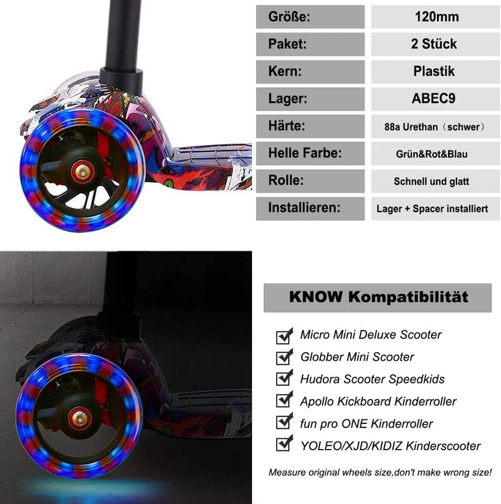 Roller Ersatzrad 120mm mit LED Blinker und ABEC-9 Kugellager, 2 Stück, Schwarz, für Micro Globe Scoo