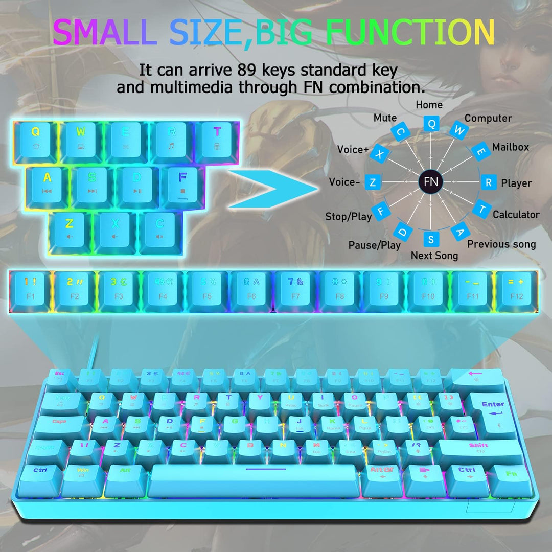 Mini 60% RGB Gaming-Tastatur,Mechanischer Blaue Schalter mit Kompakten 62 Tasten,18 RGB LED-Chroma-H